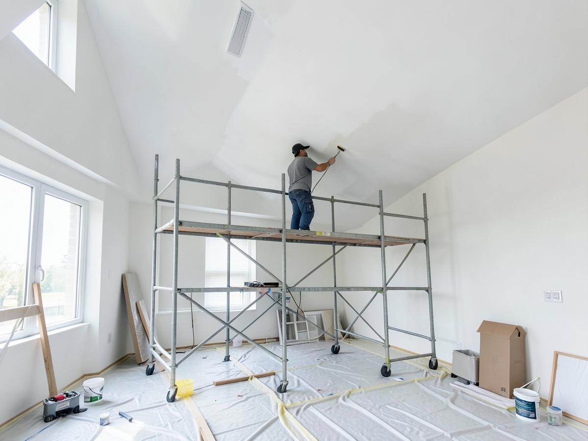 Chantier de peinture : plafond peint en hauteur avec échafaudage, sols protégés