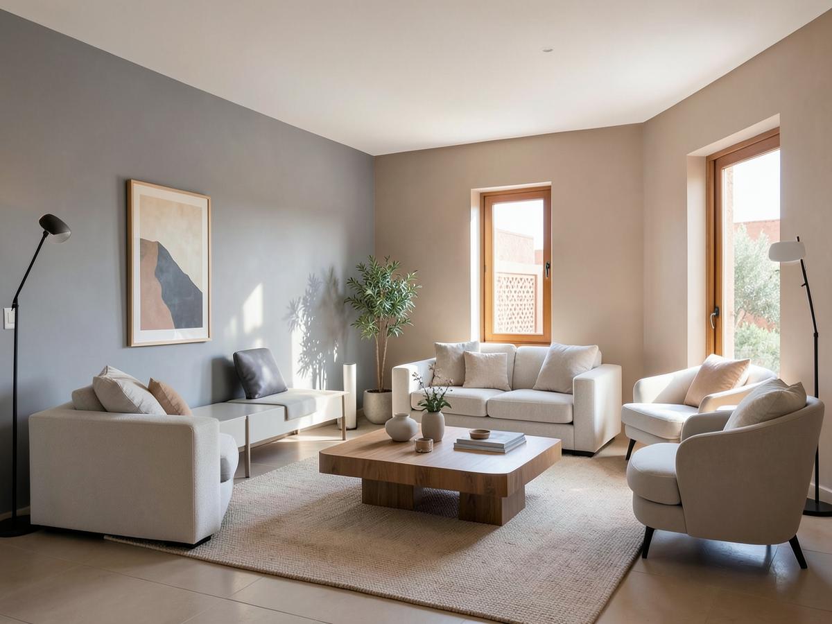 Salon moderne repeint à Marrakech, murs gris et beige, finition mate