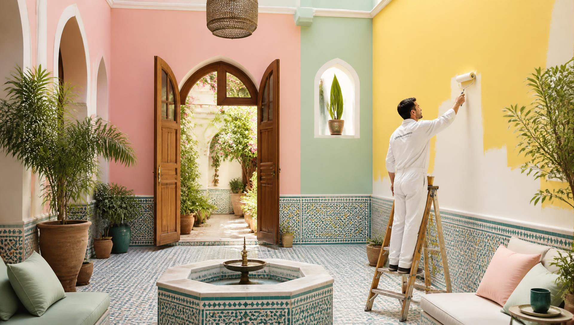 Peintre au rouleau dans un riad de Marrakech, couleurs claires et joyeuses